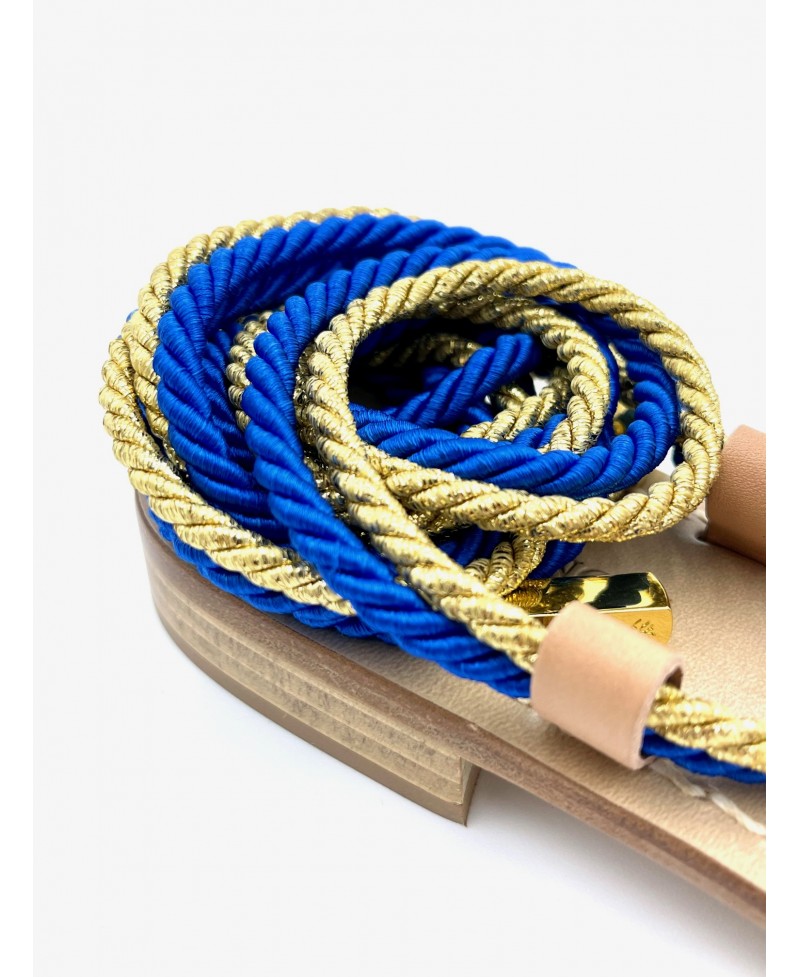 Natural leather gladiator sandals with double royal blue satin cord & gold lurex