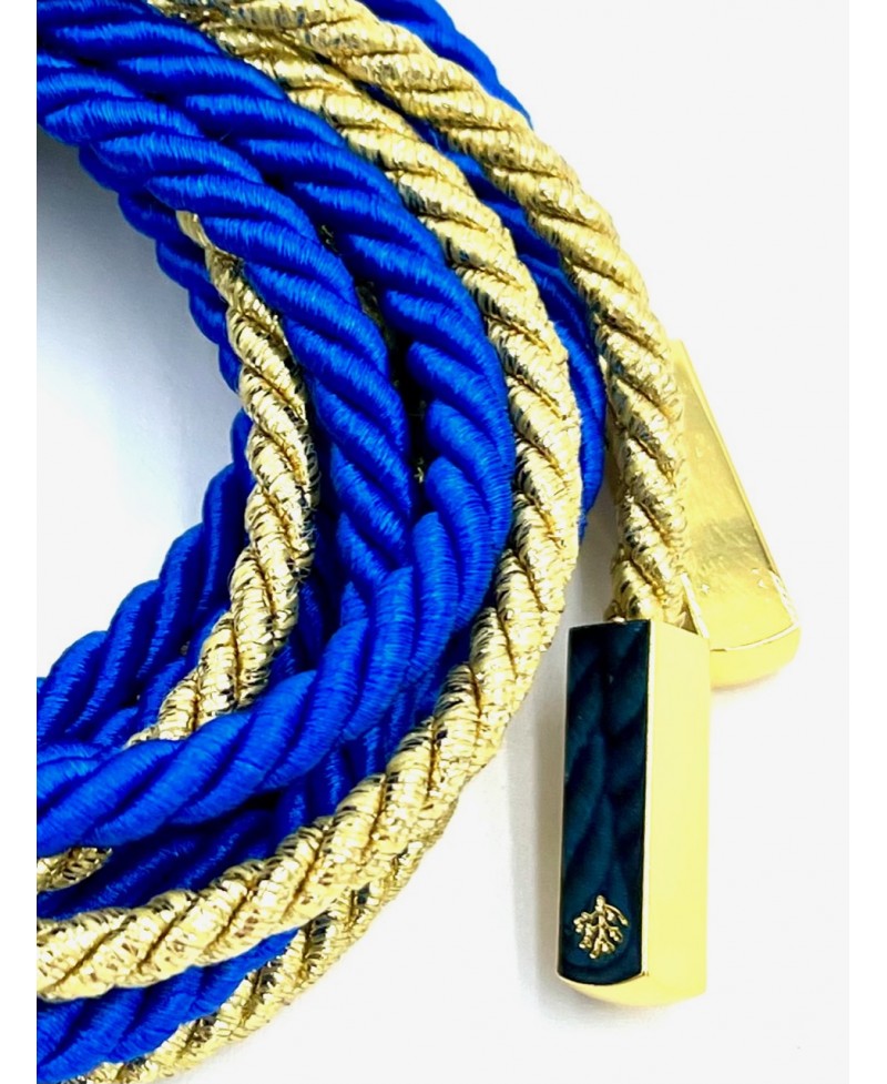 Natural leather gladiator sandals with double royal blue satin cord & gold lurex