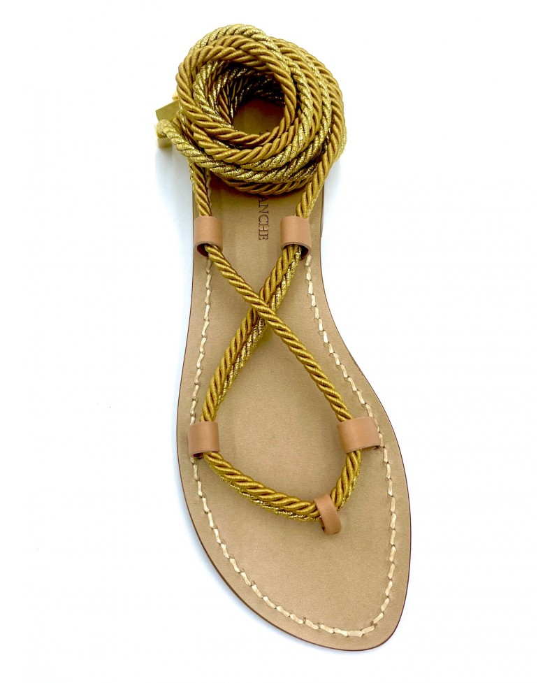 Natural leather gladiator sandals with double old gold satin cord ...